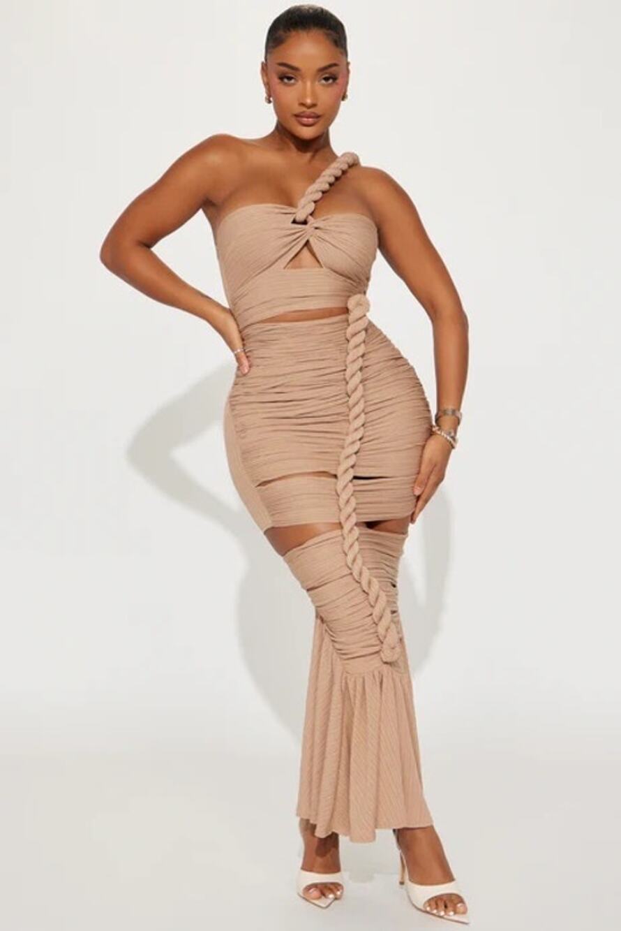 Fashion Nova Taupe Ruched Cutout Mermaid Maxi Dress Braided One Shoulder S